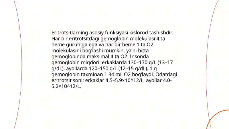 Eritrotsitlar funksiyasi. Eritrotsitlarni sonini sanash usullari 4