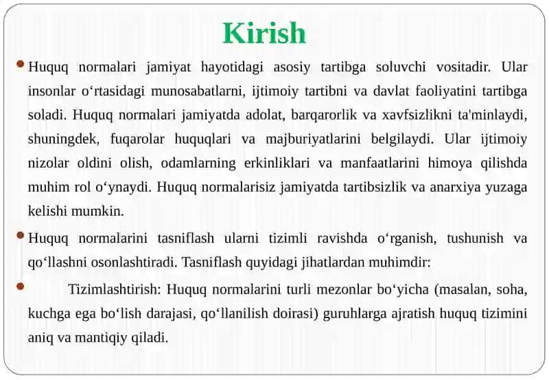 HUQUQ NORMALARINI TURLI ASOSLARGA KO‘RA TASNIFLASH 4