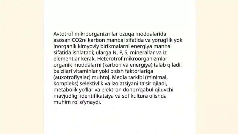 Mikroorganizmlar uchun oziq muhitlar. Mikroorganizmlarning sof kulturasini ajratish va identifikatsiya qilish 4
