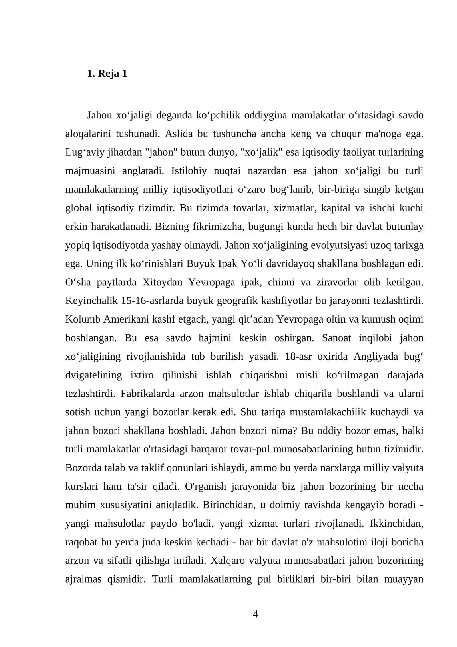 Jahon xo’jaligi va uning evolyutsiyasi. Jahon bozori. Xalqaro valyuta va kryedit munosabatlari 4