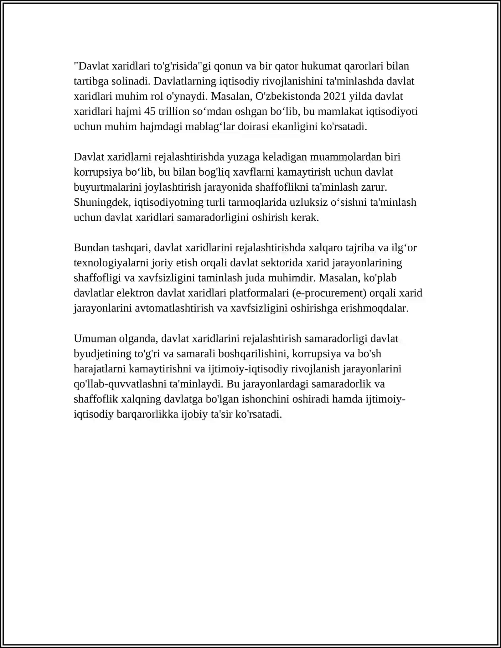 DAVLAT XARIDLARINI AMALGA OSHIRISH TAMOYILLARI. XULOSA VA TAKLIFLAR 4
