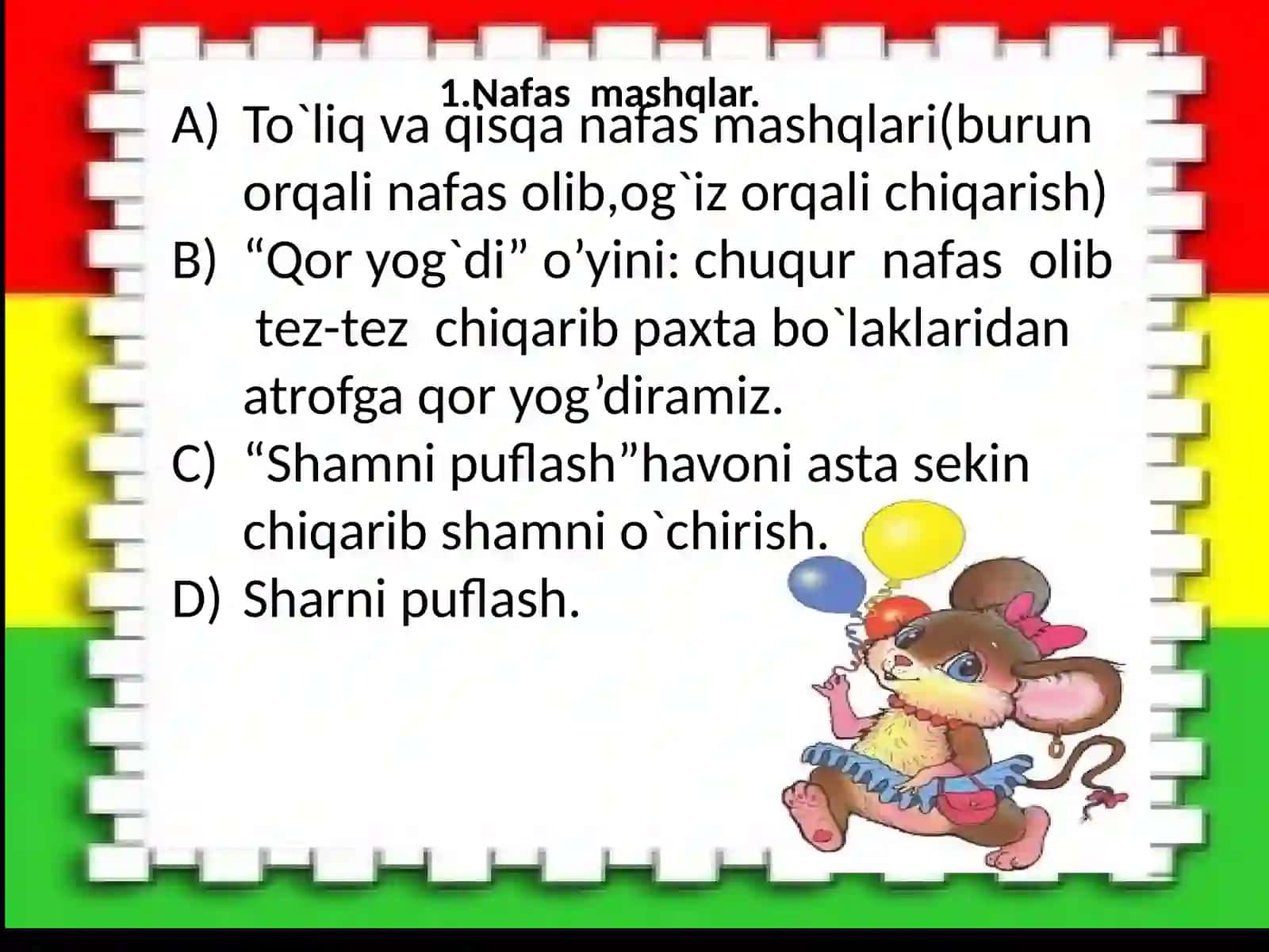 Nutqida nuqsoni bo’lgan bolalar bilan uy sharoitida olib boradigan logopedik mashqlarni bajartirish yuzasidan ota-onalarga tavsiyalar ………… 4
