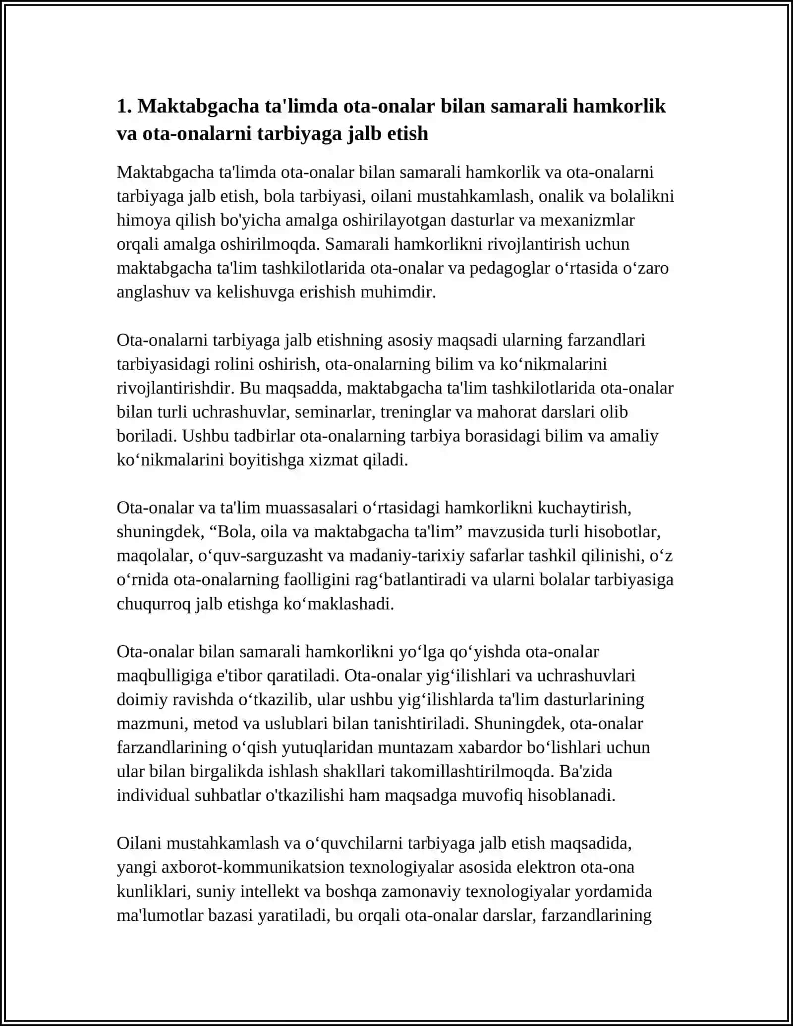 BOLA TARBIYASI, OILANI MUSTAHKAMLASH ONALIK VA BOLALIKNI HIMOYA QILISH BOʻYICHA MAKTABGACHA TALIM TASHKILOTLARIDA AMALGA OSHIRILAYOTGAN ISHLARNING MAZMUNI BILAN TANISHISH 4