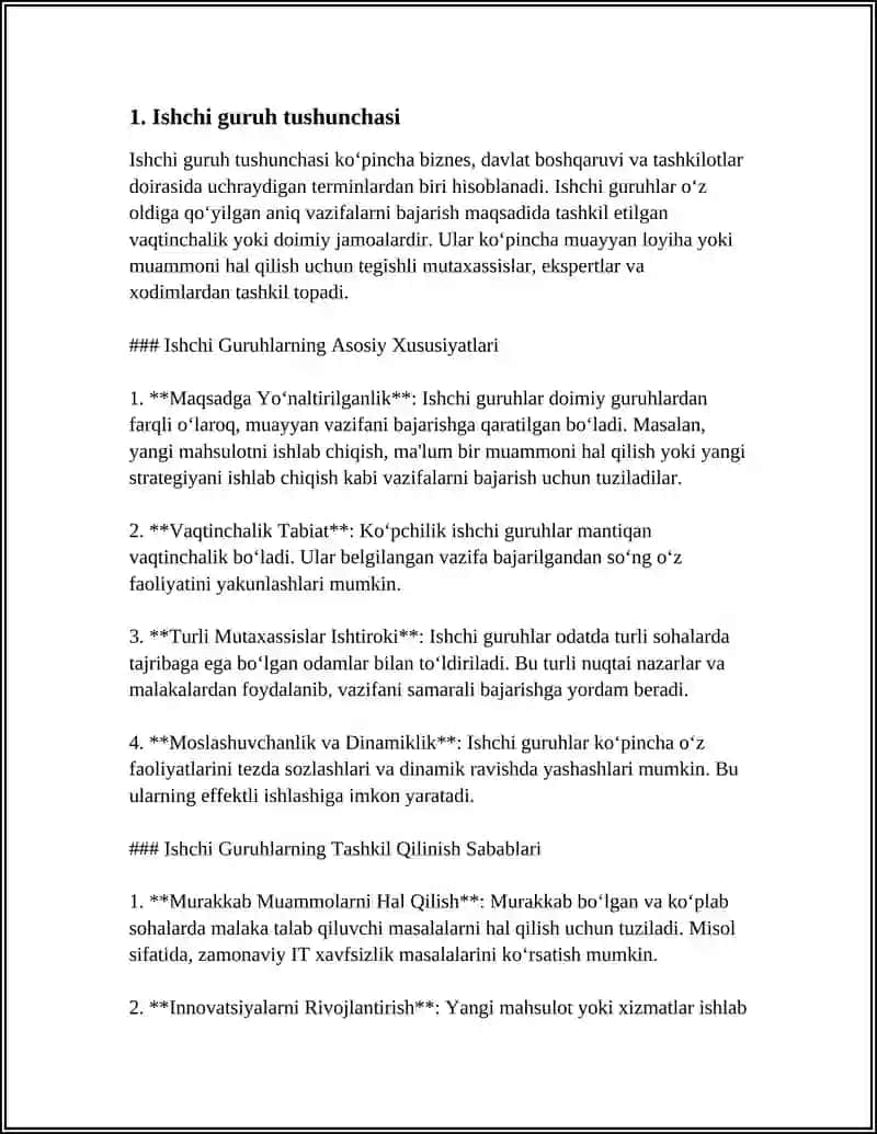ISHCI GURUH VA JAMOA TUSHUNCHALARI. ULARNING OʻZARO FARQLARI. JAMOA ISHINING AFZALLIKLARI VA UNING OMILLARI 4