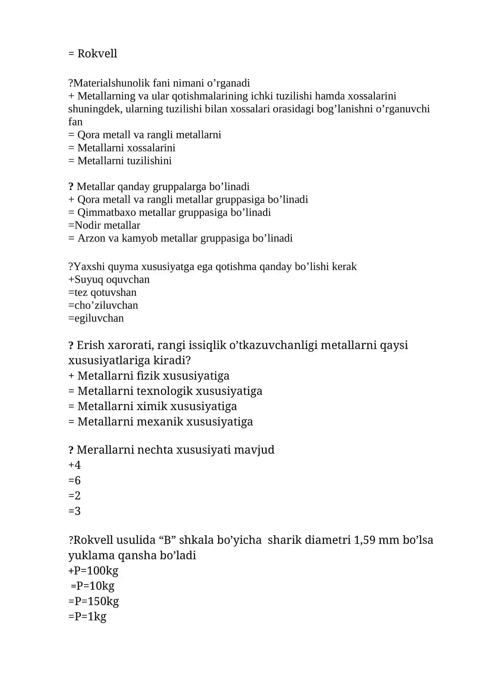 Yakuniy imtihonda tushadigan  Materialshunoslik faniga oid savollar javoblari bilan birga 4