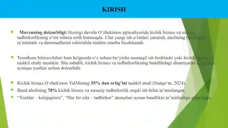 Elektron Malaka Ishi, Kichik biznes va xususiy tadbirkorlikni rivojlantirishda  bandlikning ahamiyati 4