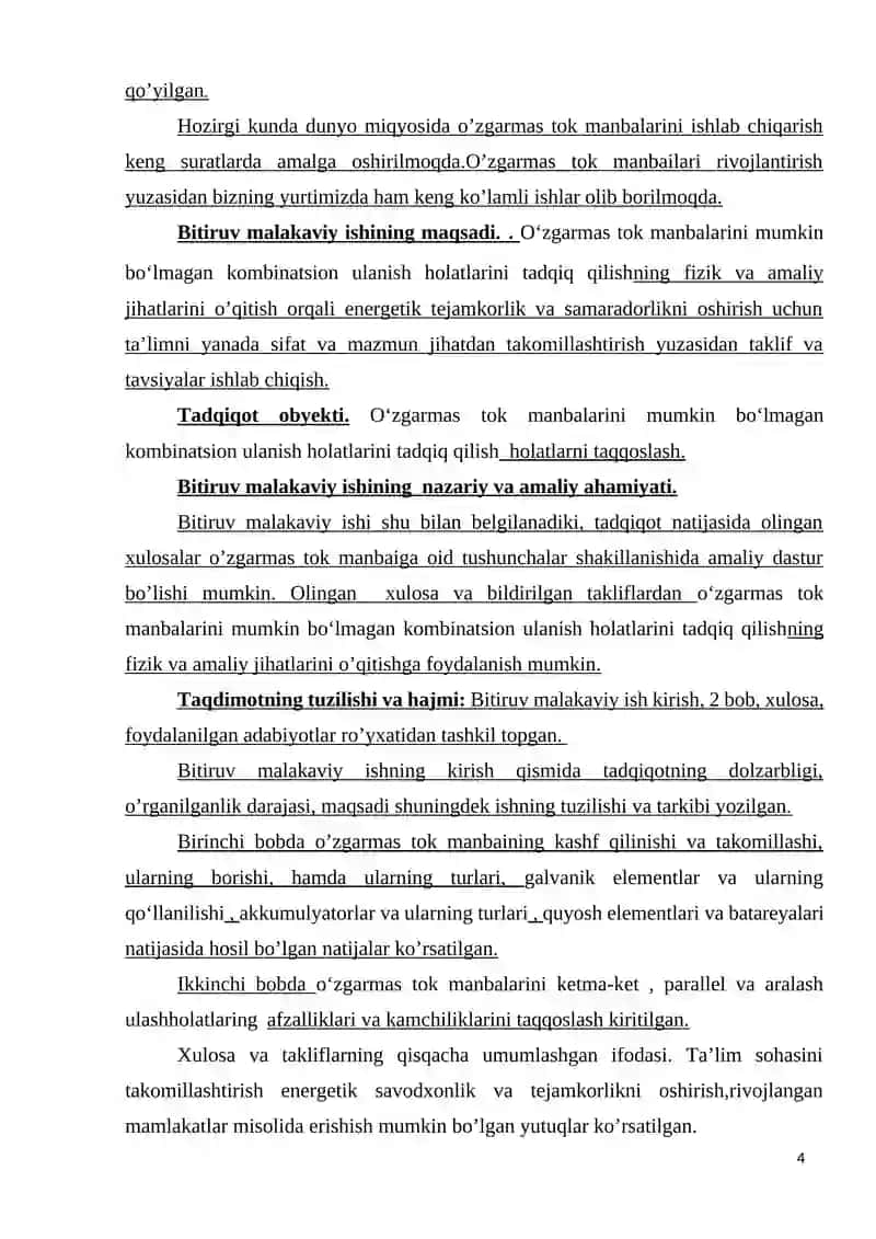 O‘zgarmas tok manbalarini mumkin bo‘lmagan kombinatsion ulanish holatlarini tadqiq qilish 4