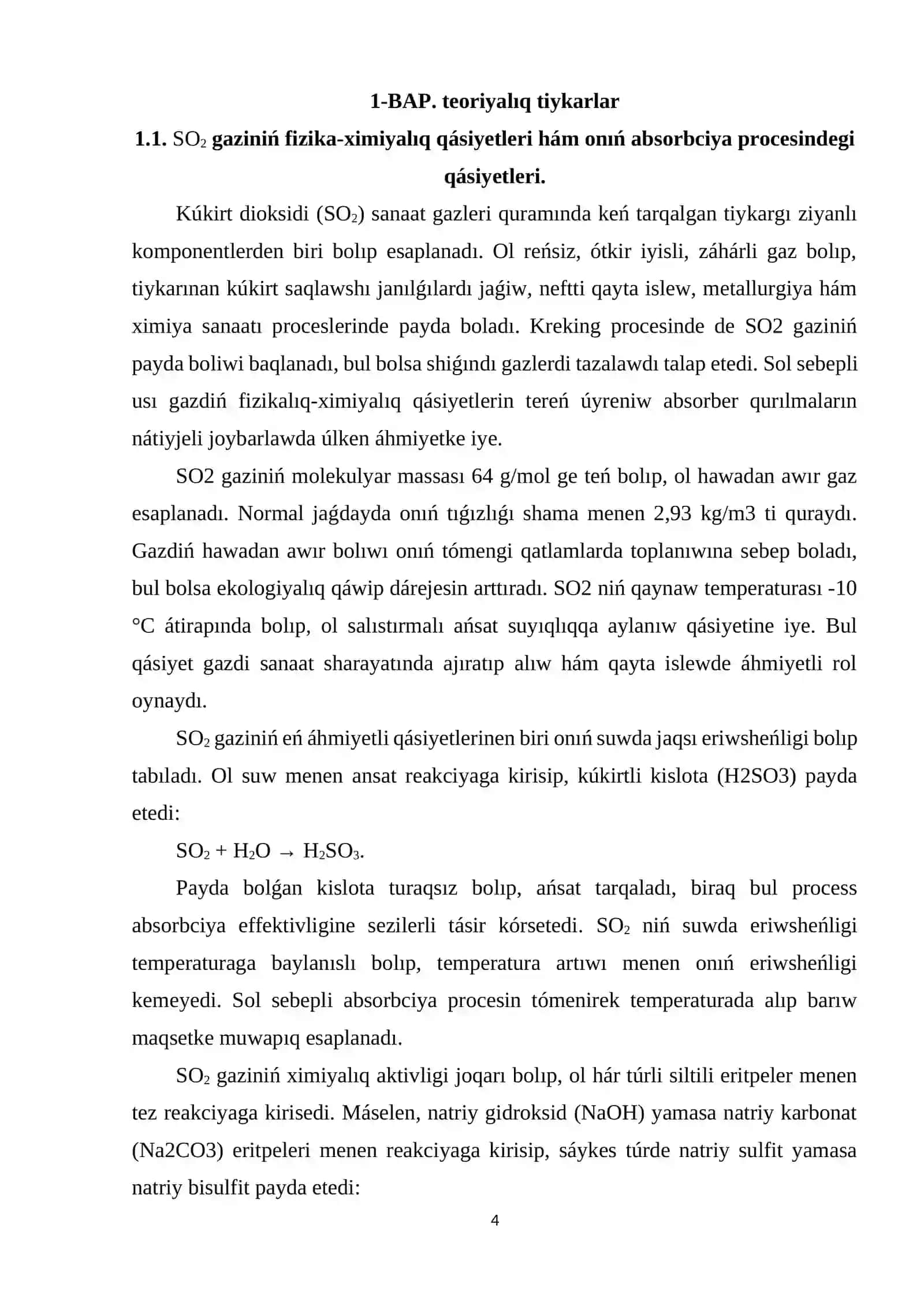 SO2 gaziniń fizika-ximiyalıq qásiyetleri hám onıń absorbciya procesindegi qásiyetleri 4