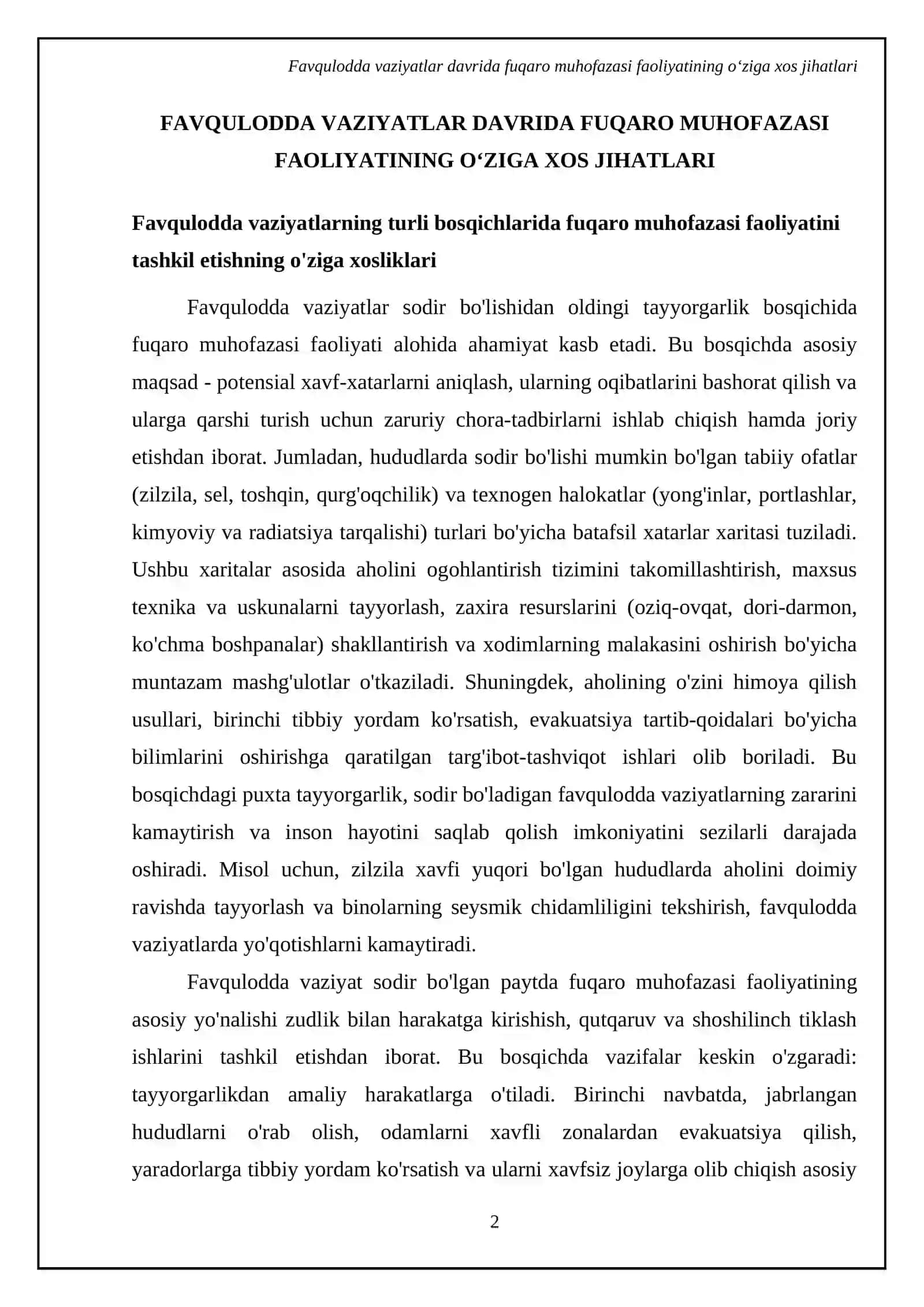 Favqulodda vaziyatlarning turli davrlarida Fuqaro muhofazasi faoliyatining xususiyatlari. Fuqaro muhofazasining asosiy tashkiliy tamoyillari. Davolash-profilaktika muassasalarida sodir bo‘lishi mumkin bo‘lgan texnogen va ijtimoiy favqulodda vaziyatlarni tahlil qilish 4