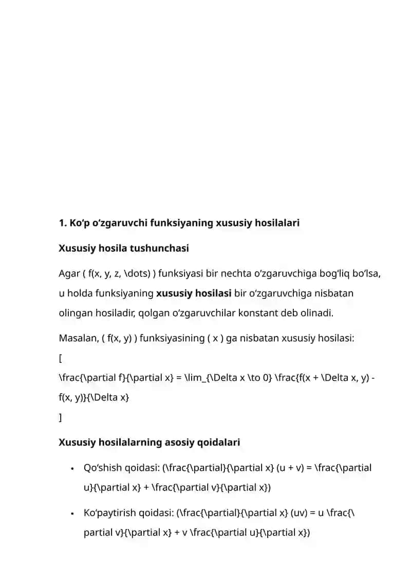 KO‘P O‘ZGARUVCHI FUNKSIYANING TO‘LIQ DIFFERENSIALI VA MURAKKAB FUNKSIYANING XUSUSIY HOSILALARI 4