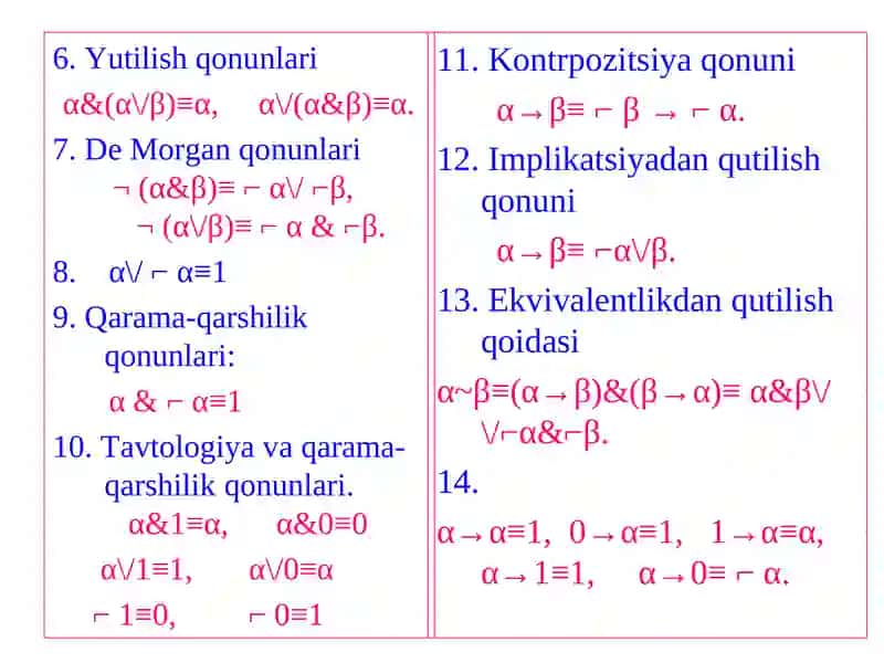 Mantiq funksiyalari uchun chinlik jadvali tuzish 4
