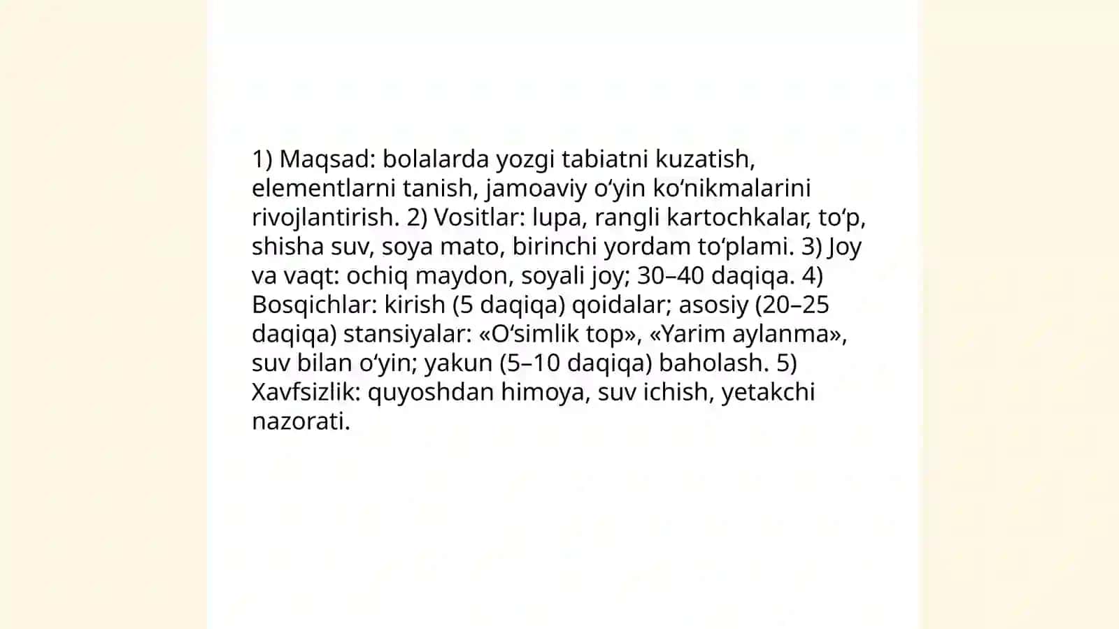O'rta guruhda tabiatga oid o'yinlar tashlil etishning mashg'ulot ishlanmalarini tuzish 4