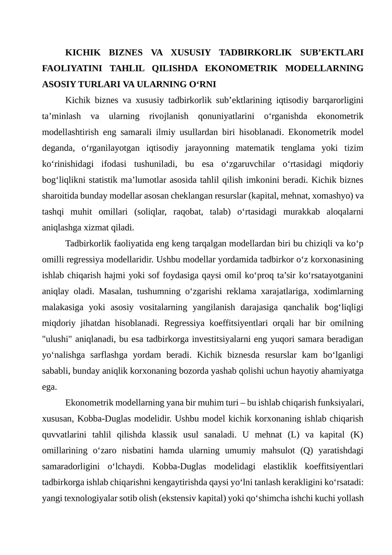 Kichik biznes va xususiy tadbirkorlik subyektlari faoliyatini tahlil qilishda ekonometrik modellardan foydalanish 4