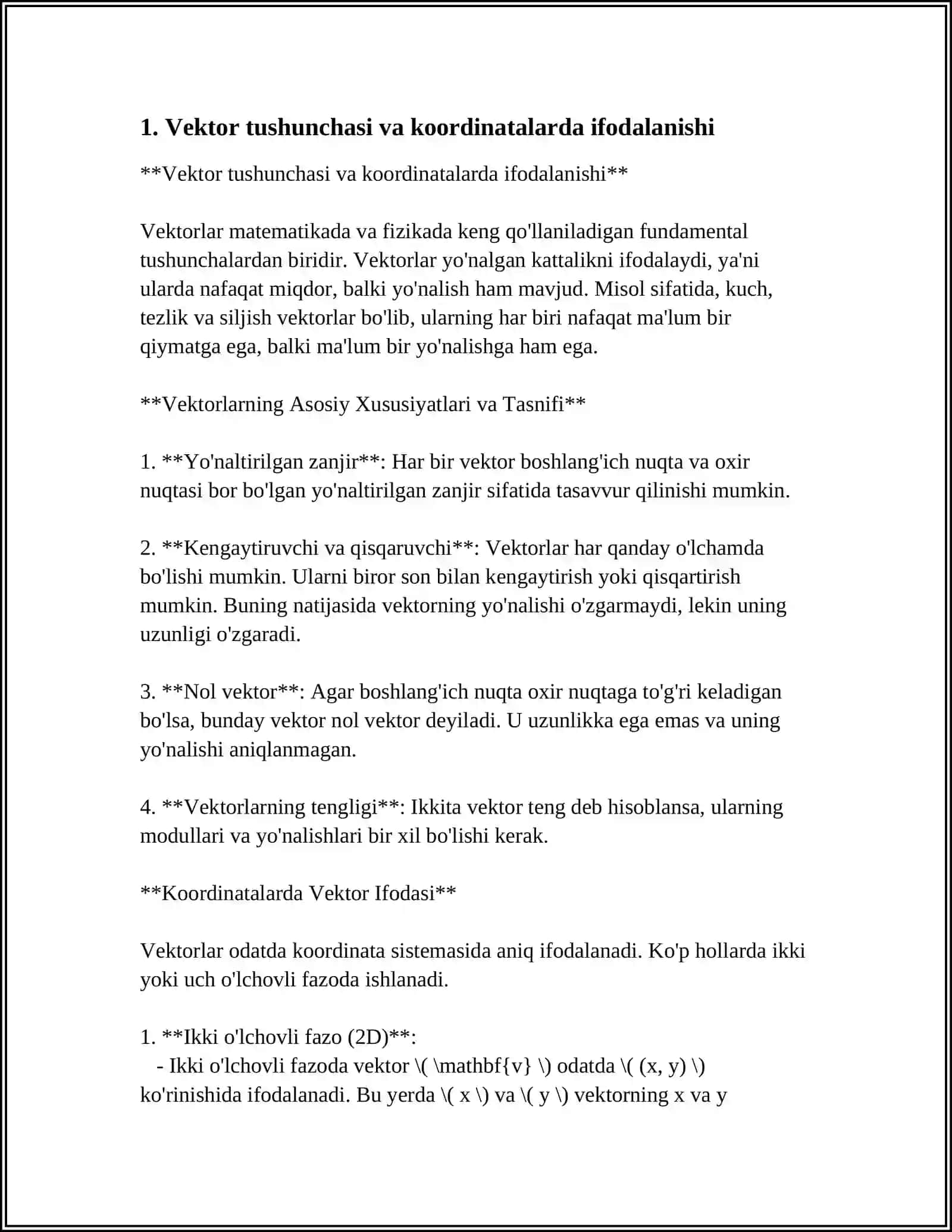 VEKTORLARNI SKALYAR, VEKTOR VA ARALASH KOʻPAYTMALARI.ULARNING XOSSALARI.VEKTORLAR ORASIDAGI BURCHAK.IKKI VEKTORNING KOLLENEARLIK VA KOMPLANARLIK SHARTLARI 4
