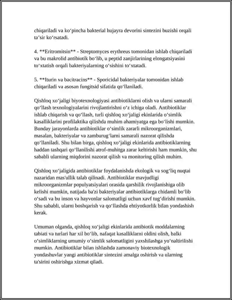 QISHLOQ XOʻJALIGI EKINLARIDAN ANTIBYOTIKLAR OLISH BIOTEXNOLOGIYASI 4