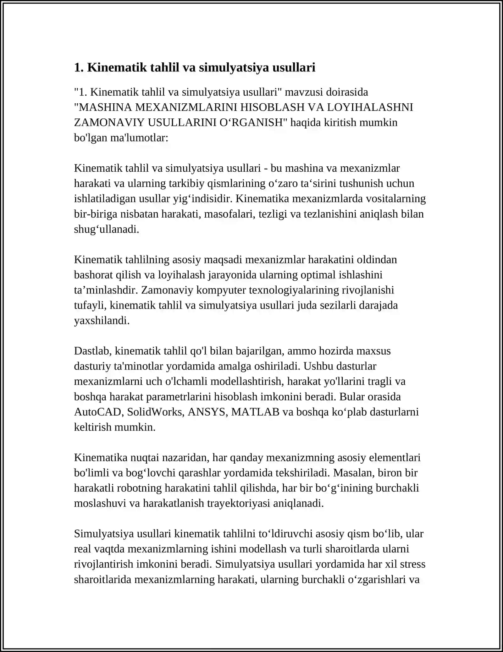 MASHINA MEXANIZMLARINI HISOBLASH VA LOYIHALASHNI ZAMONAVIY USULLARINI О‘RGANISH 4