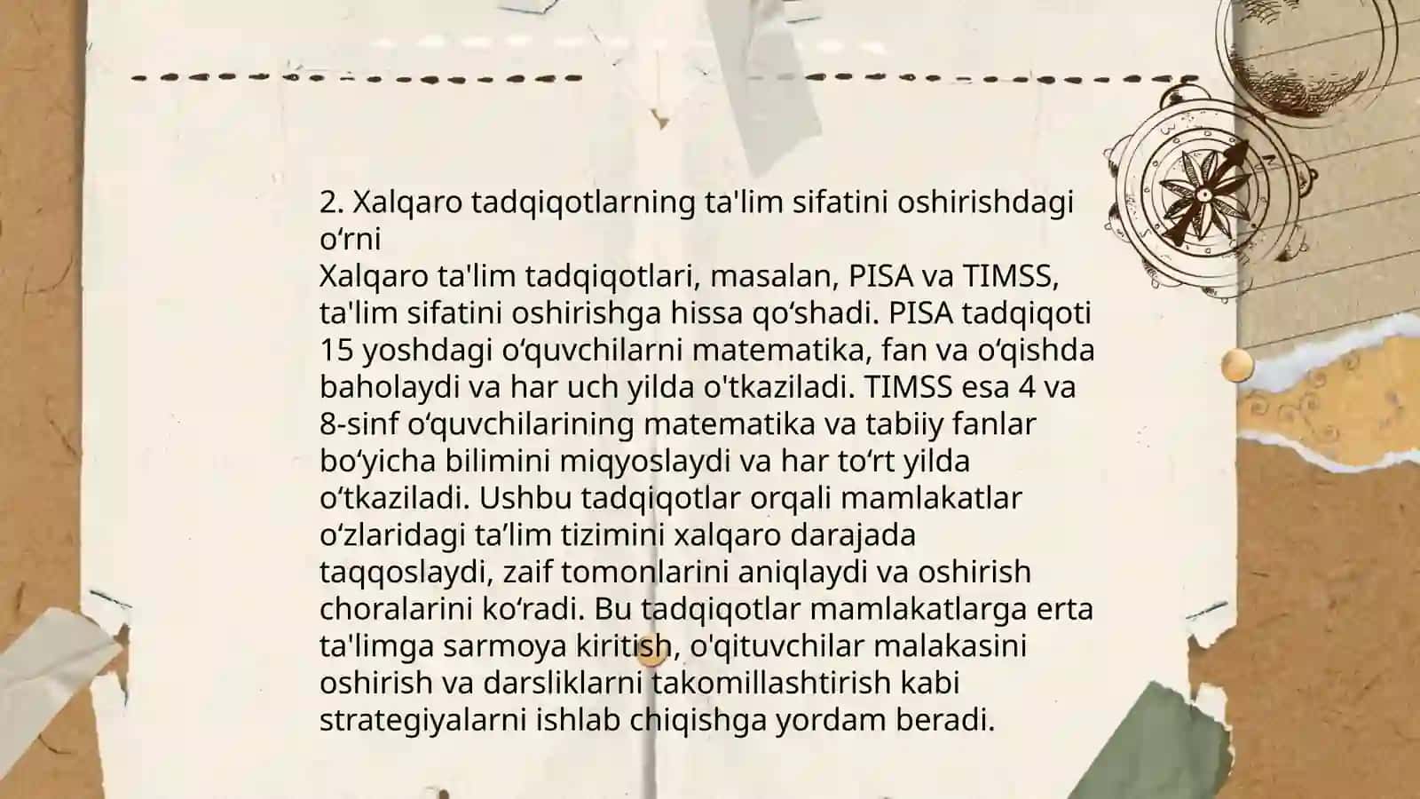 Xalq talim tizimida talim sifatini baholash boʻyicha xalqaro tadqiqotlarni (PSIA,TiMTSS,PIRLS,TALIS) joriy etishning meyoriy-xuquqiy asoslari asosiy maqsadlari va chora tadbirlar 4