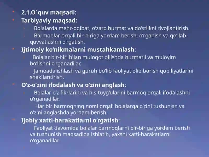 “Barmoqlarning nomi” (kichik guruh). Syujetli-rolli oʼyinlar va sahnalashtirish markazi 4
