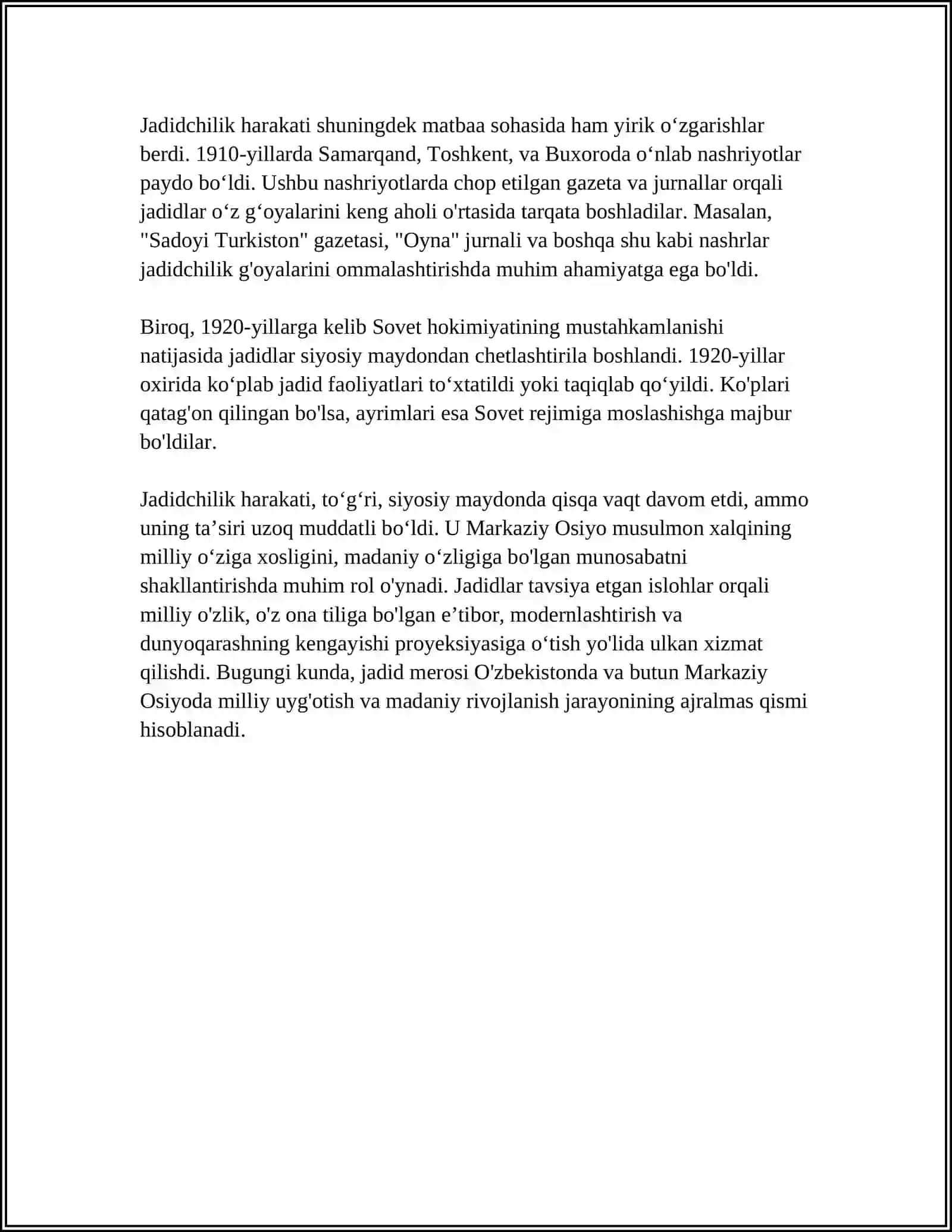 JADID MA'RIFATPARVARLARINING OʻLKA IJTIMOIY-MA'NAVIY HAYOTIDA TUTGAN OʻRNI.(MUNAVVAR QORI, FITRAT, ABDULLA AVLONIY VA BOSHQALAR) 4