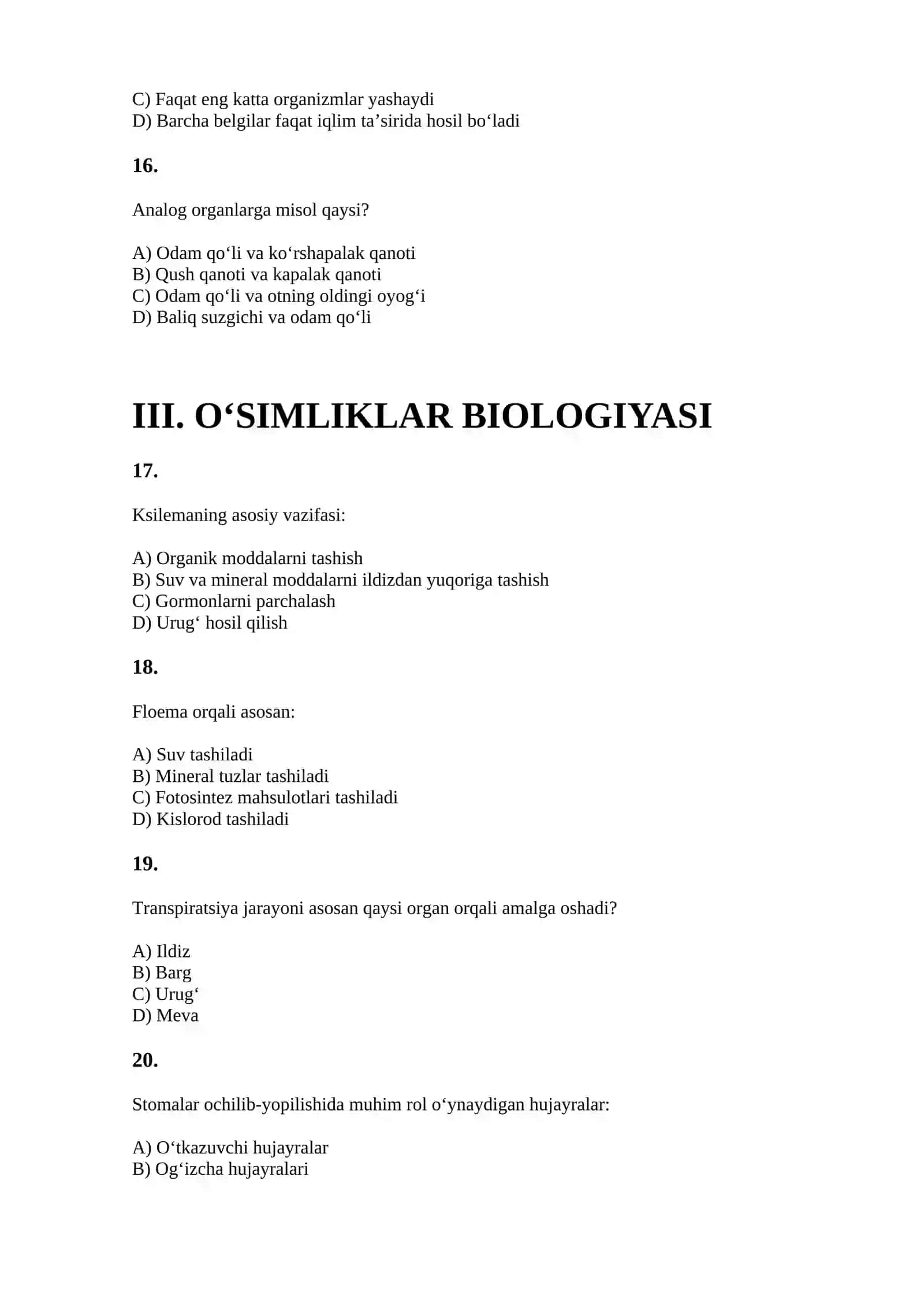 BIOLOGIYA FANI O‘QITUVCHILARI UCHUN KASBIY IMTIHON 4