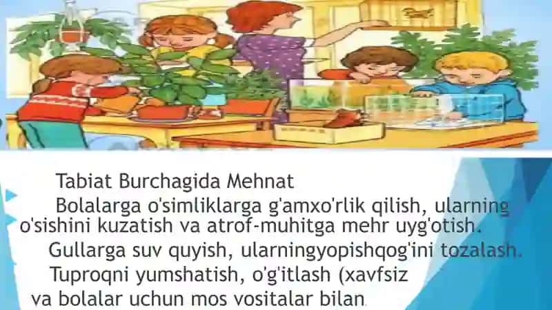 O'rta va kichik guruh bolalarni tabiatda kattalar mehnatiga o'rgatish tabiat burchagida yer maydonla 4