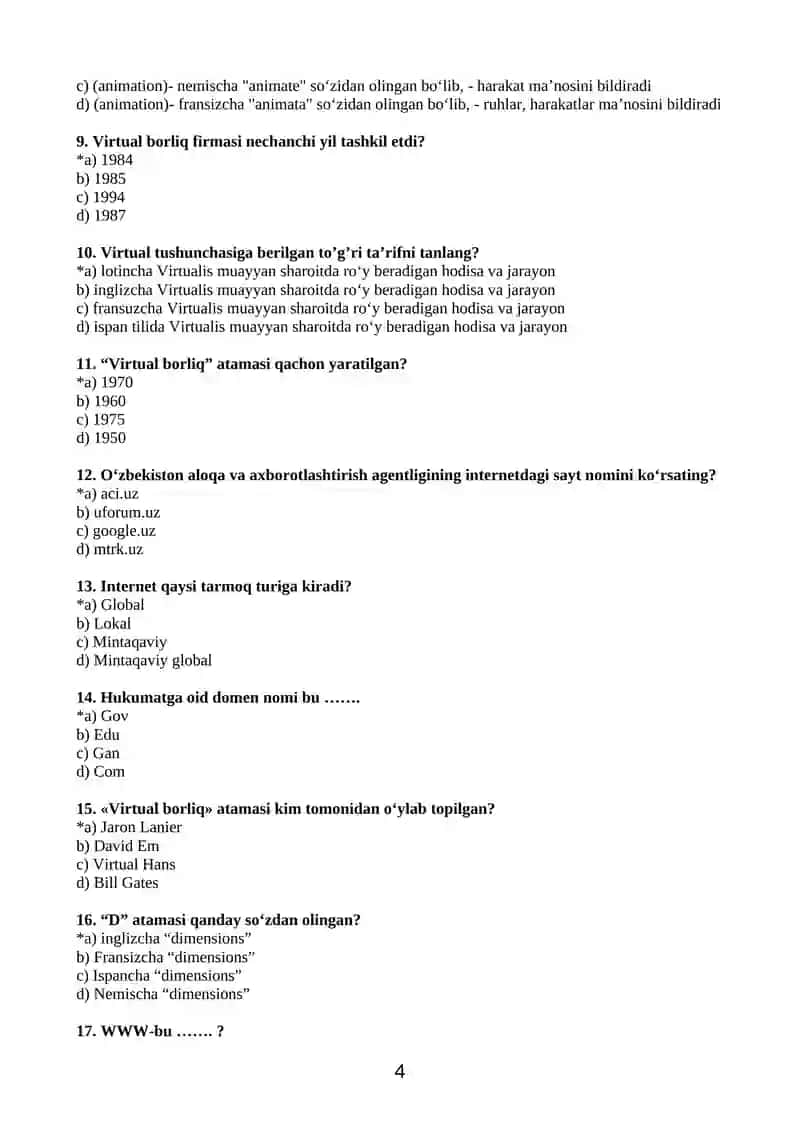TA’LIMDA ZAMONAVIY AXBOROT-KOMMUNIKATSIYA TEXNOLOGIYALARI MODULI BO’YICHA BARCHA MALAKA OSHIRISH KURSI TINGLOVCHILARI UCHUN TESTLAR TO’PLAMI 4