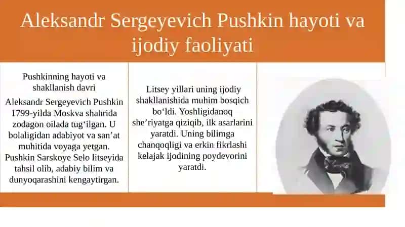 Aleksandr Sergeyevich Pushkin ijodi bilan tanishish. She’r va ertaklarining g‘oyaviy-tarbiyaviy jihatlari 4