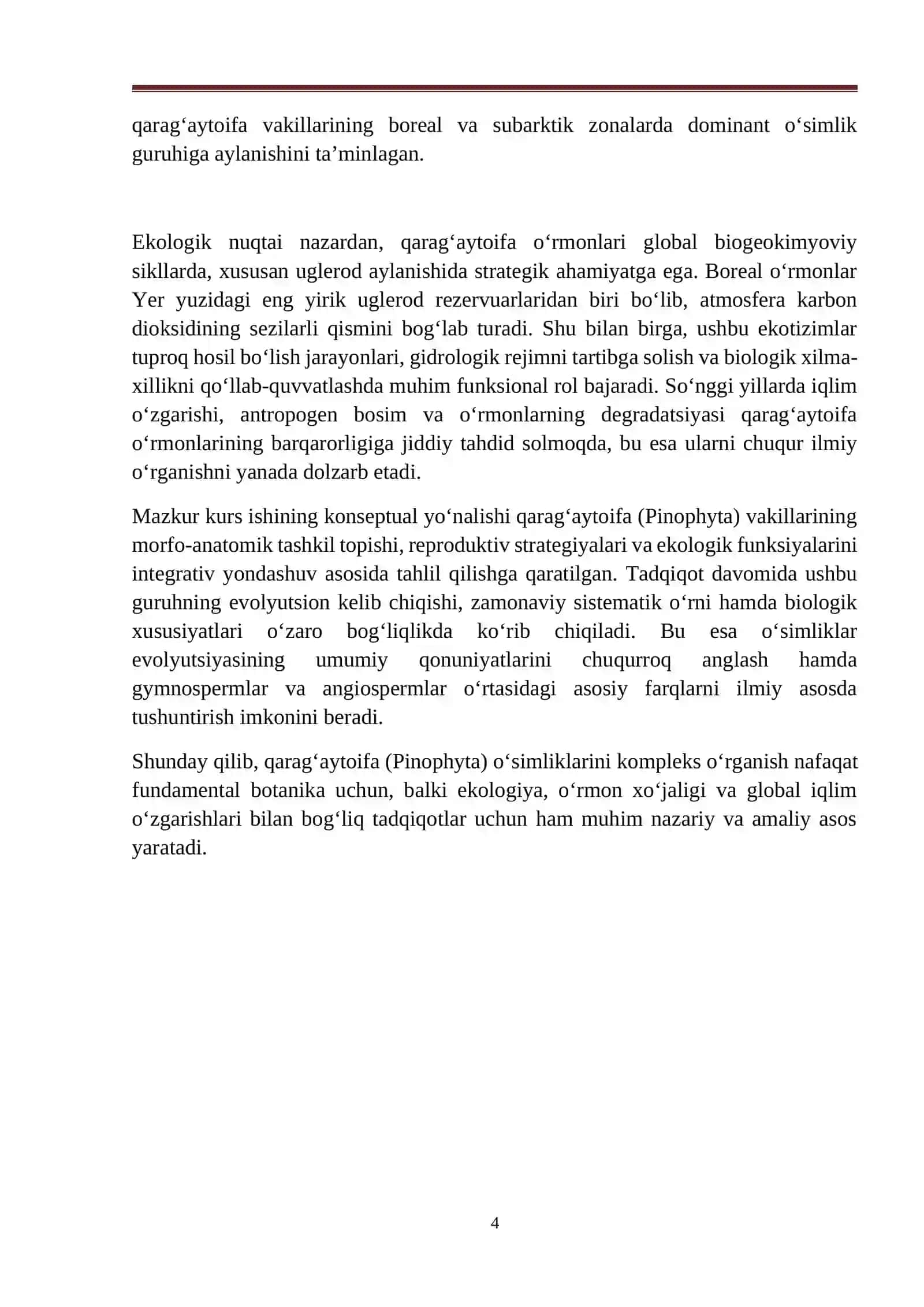 BIOLOGIYA KURS ISHI Qarag`aytoifa (ochiq urug`li) (pinophyta) 2026 YIL 4
