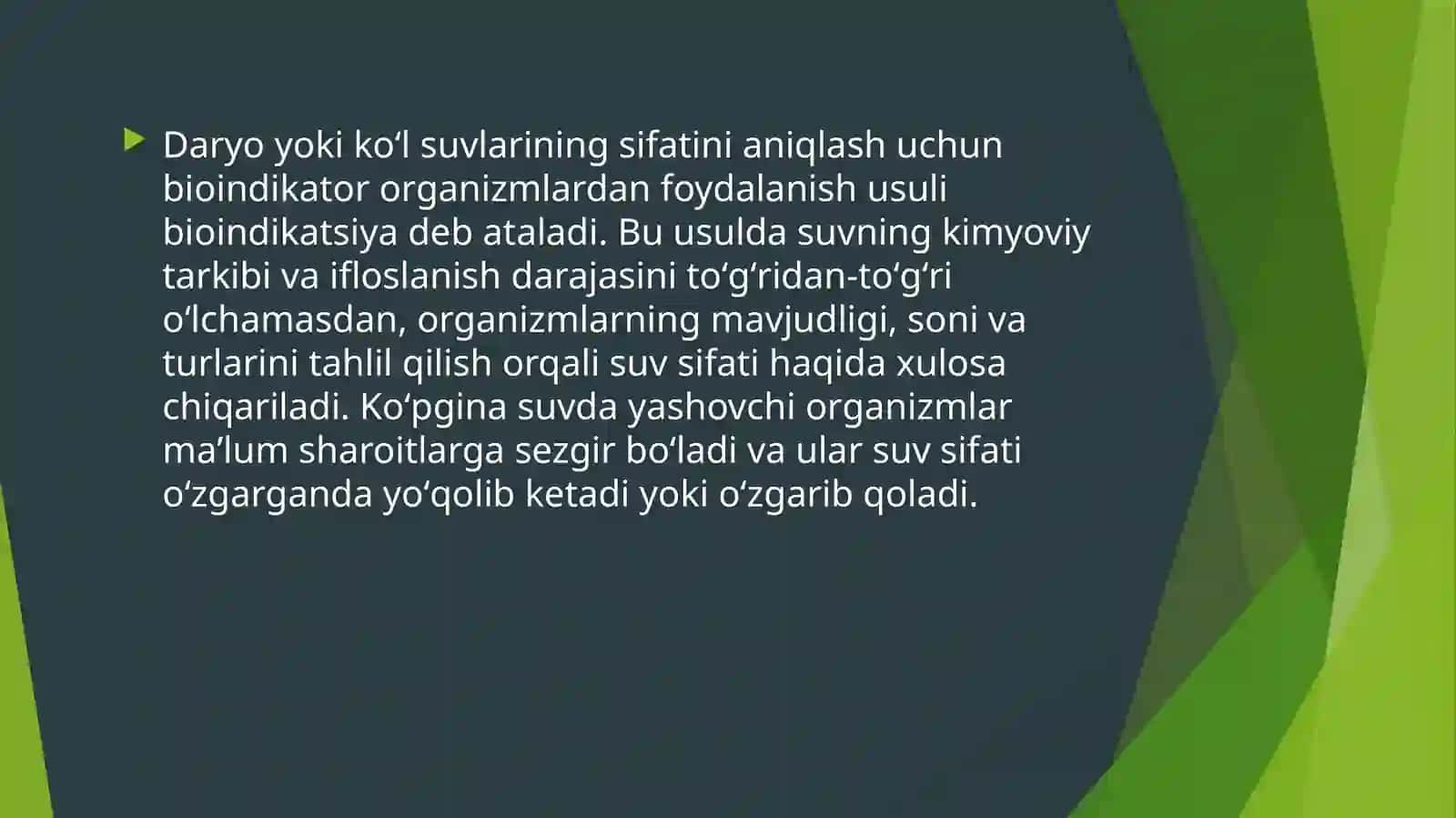 Daryo yoki koʻl suvlarida bioindikator organizmlar yordamida suv sifatini aniqlash 4