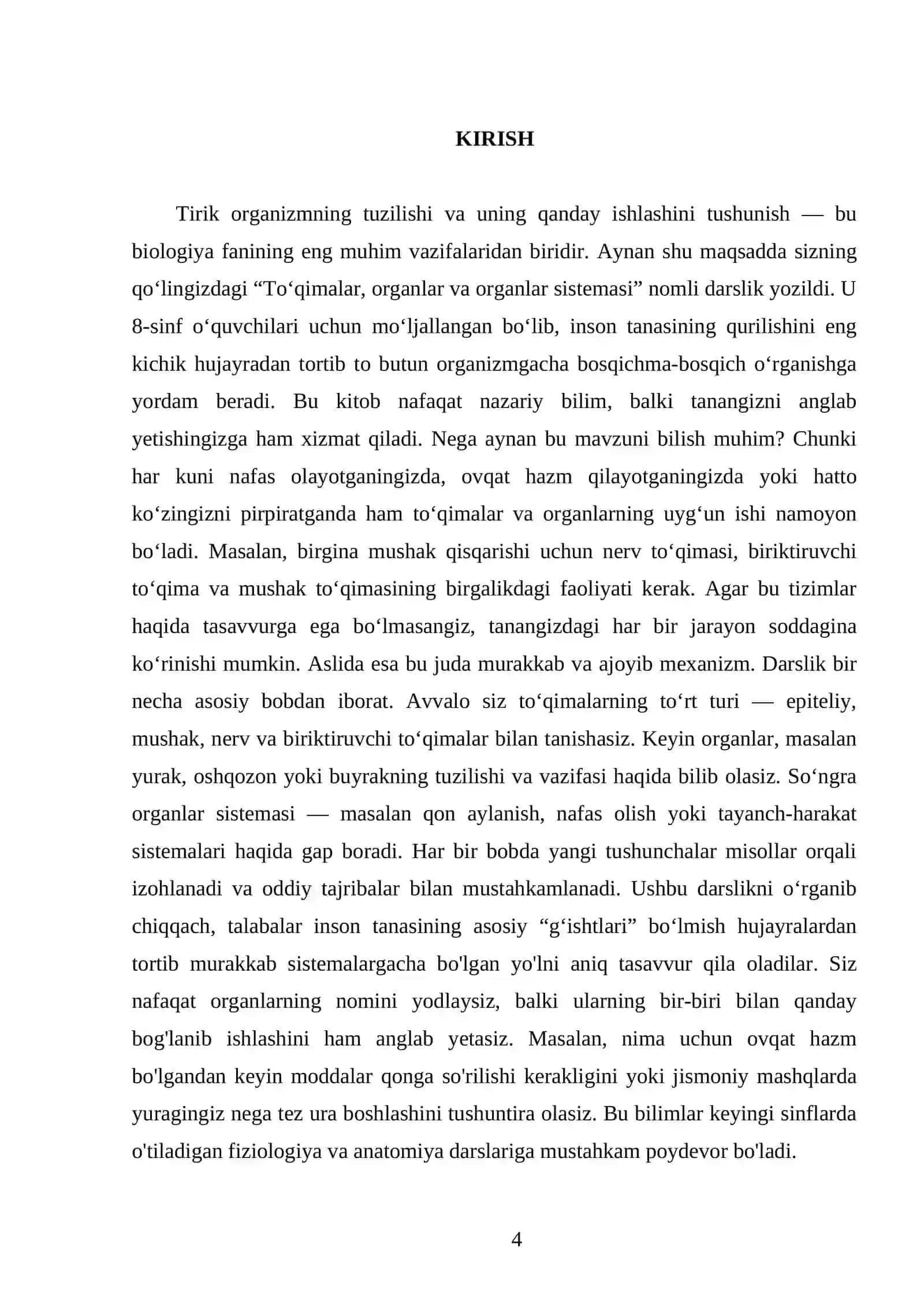 ТO‘QIMALAR, ORGANLAR VA ORGANLAR SISTEMASI. 8 - SINF 4