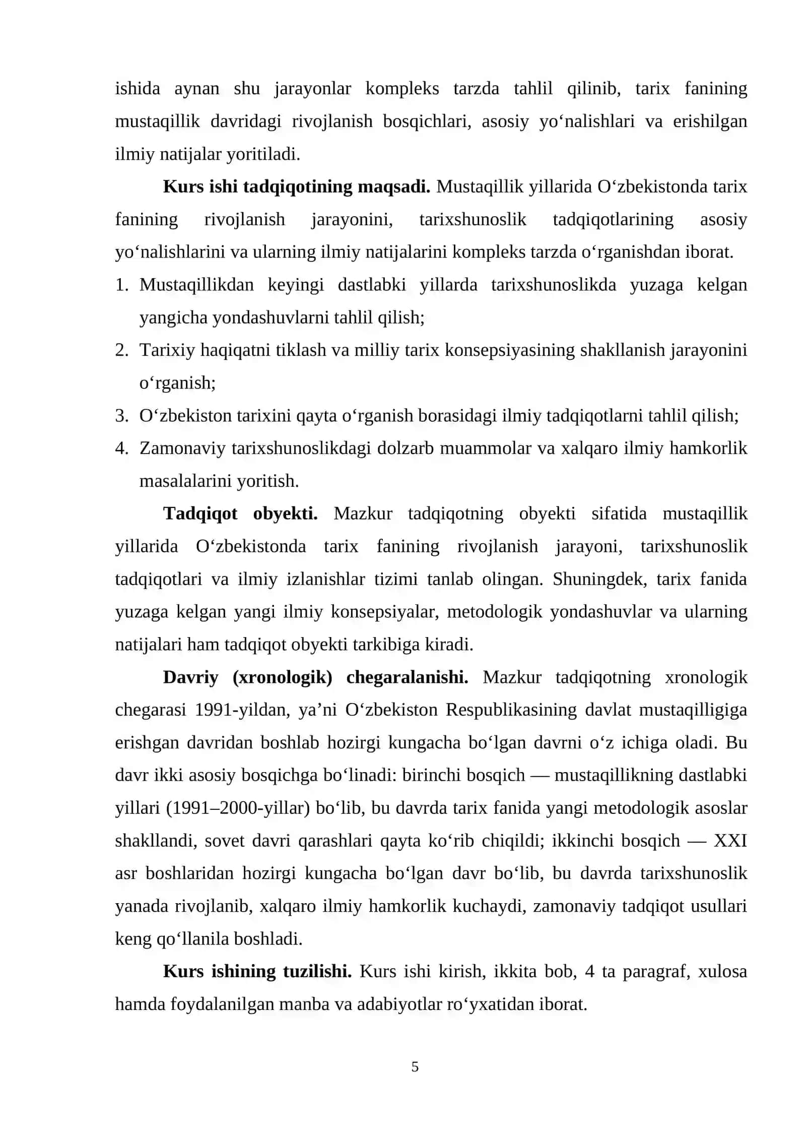 Kurs ishining dolzarbligi. Mustaqillik yillarida O‘zbekistonda tarix fanining rivojlanishi va tari 4