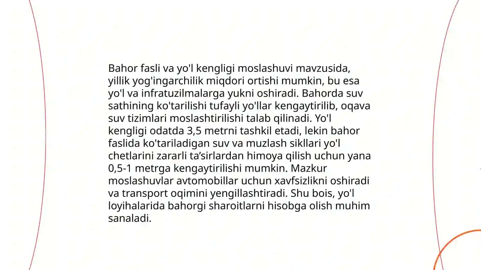 Yil mavsumlari bo’yicha qatnov qismi va yo’l yoqasi kengligining o’zgarishi 4