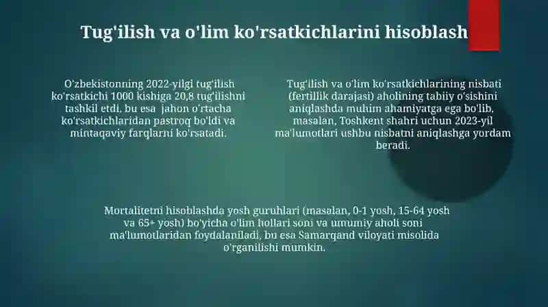 Aholi o‘rtasidagi demografik jarayonlar va demografik ko‘rsatkichlarni hisoblash usullari 4