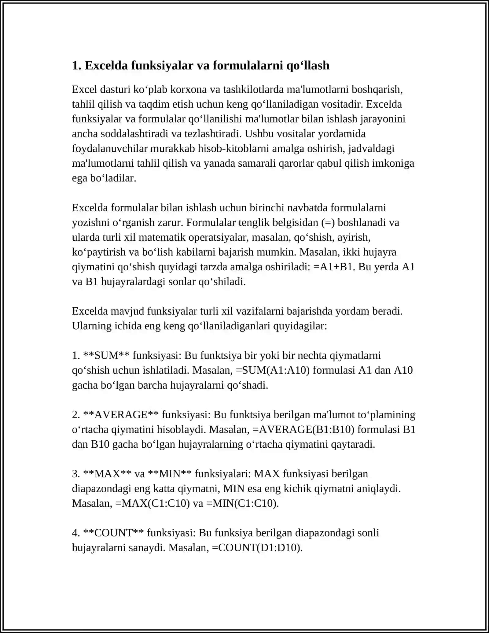 ODDIY MUTAXASISLIK MASALALARNI EXCYELDA YECHISHDA FUNKSIYA FORMULALARDAN FOYDALANISH. FILTRLAR BILAN ISHLASH.YAKUNIY NATIJALAR OLISH VA HISOBOT SHAKLIDA TAYYORLASH 4
