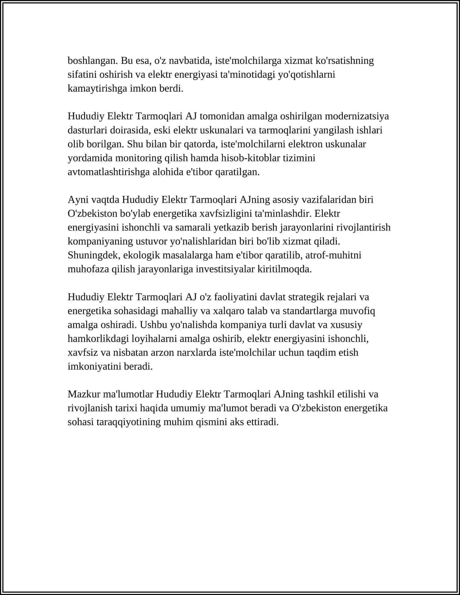 HUDUDIY ELEKTR TARMOQLARI AKSIYADORLIK JAMIYATI TARIXI STRUKTURASI MOLIYAVIY FAOLIYATI 4