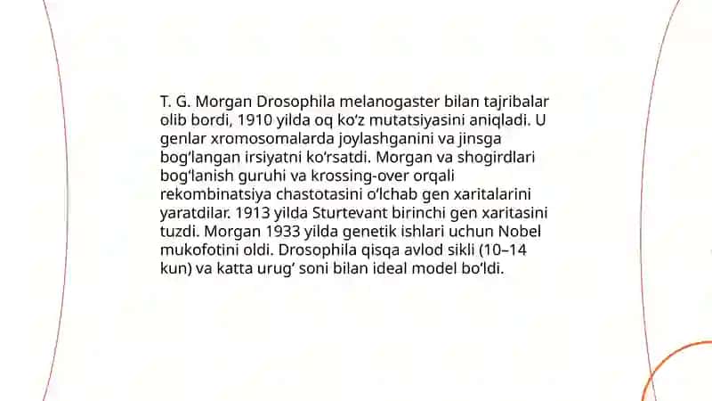 Irsiyotning xromosoma nazariyasi. T.G.Morgan. Genlarning birikish holati, krossingover. Belgilarning jinsga birikkan holda irsiylanishi. 4
