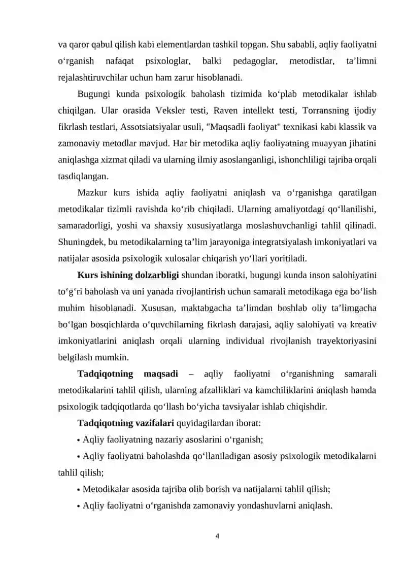 Aqliy faoliyatni o’rganish uchun metodikalar 4