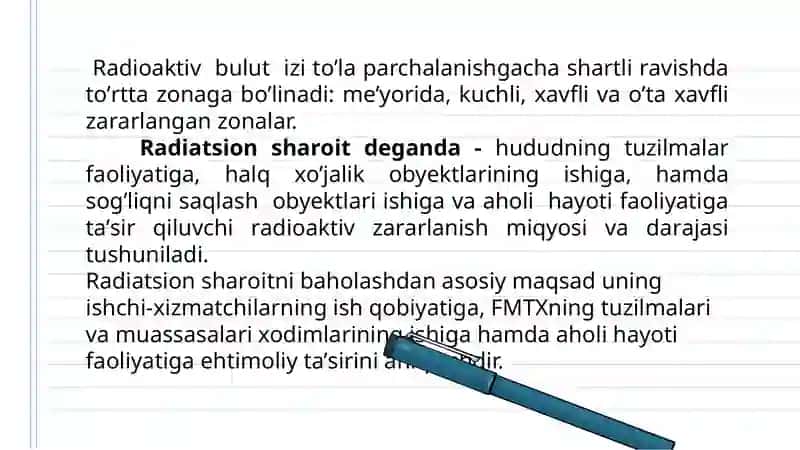 FAVQULOTDA VAZIYATNI BAHOLASH. RADIATSION HOLAT. RADIOAKTIV ZARARLANISH MANBAALARI. ZONALAR TAVSIFI 4