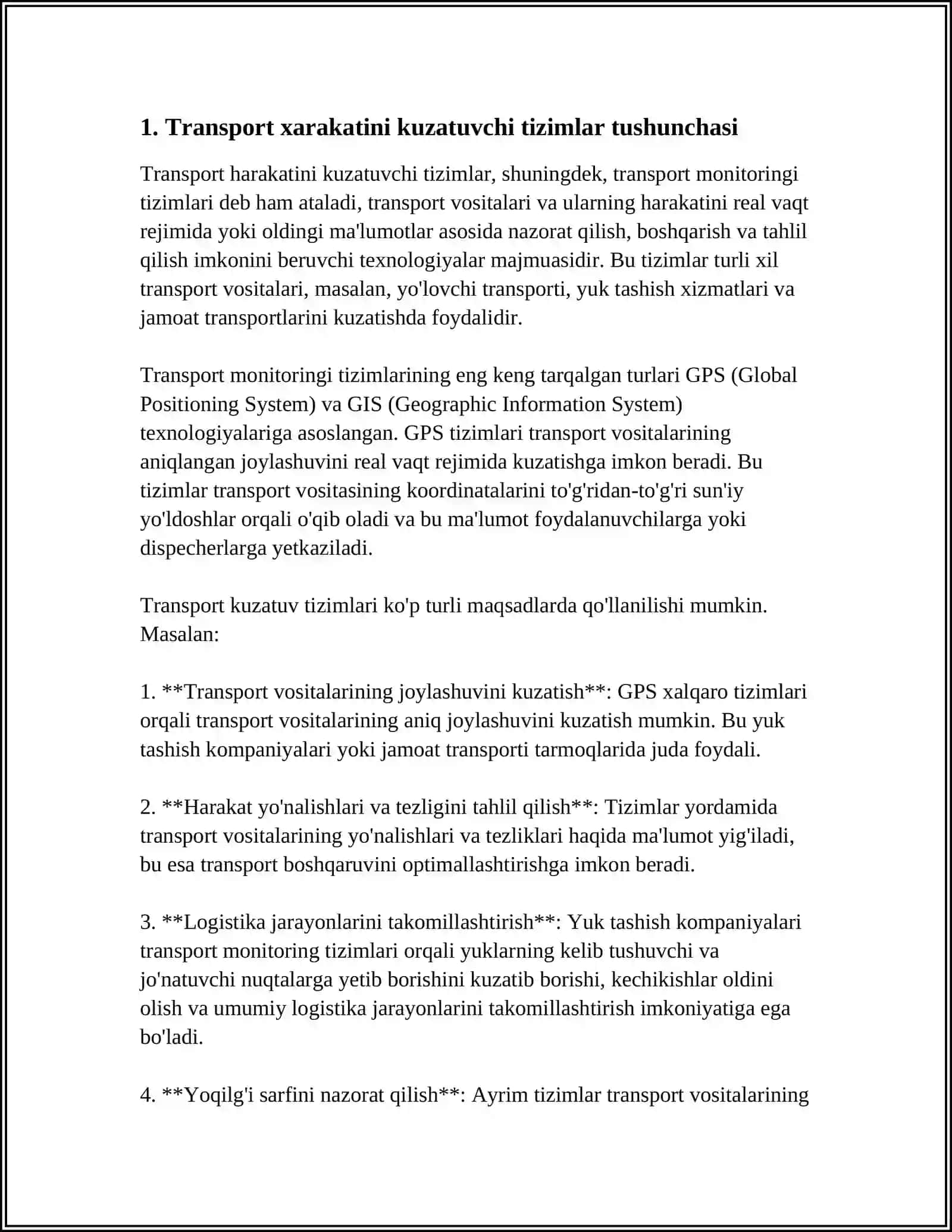 TRANPORT XARAKATINI KUZATUVCHI TIZIMLARNI TUZILISHI VA U YERDA QO‘LLANILADIGAN SP TURLARI, PARAMETRLARI VA ISHLASH TARTIBI 4