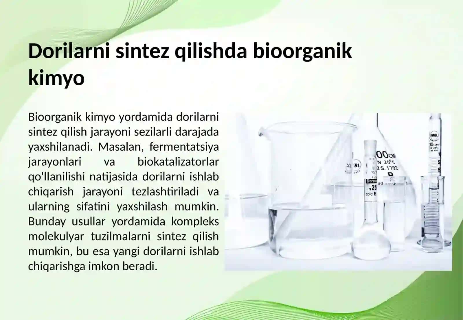 Bioorganik kimyo fanidan yutuqlarni: a) farmatsevtikada qo'llanilishi; b) oziq-ovqat mahsulotlarida xavfsizlikni qo'llash 4