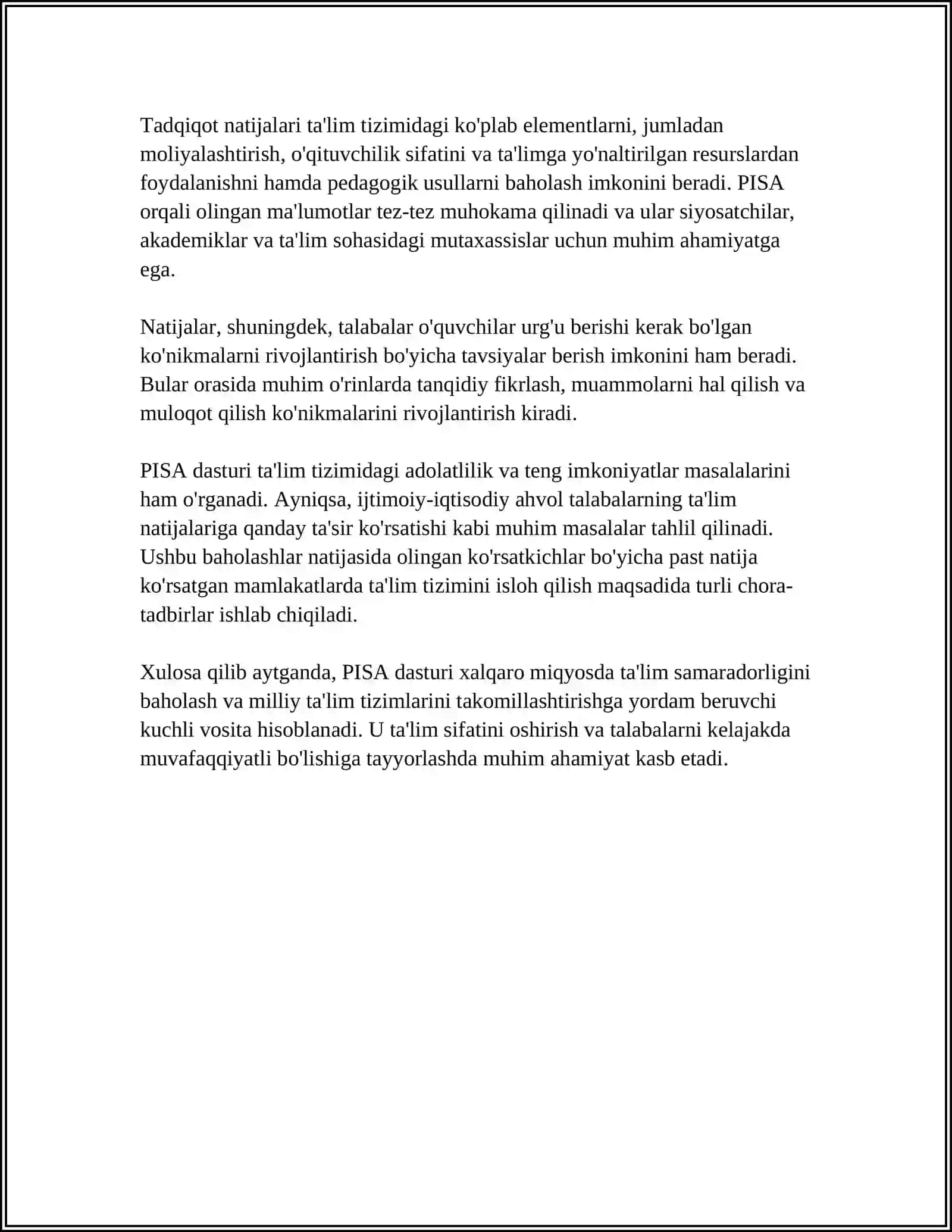 XALQARO BAHOLASH DASTURI PISA (THE PROGRAMME FOR INTERNATIONAL STUDENT ASSESMENT 15 YOSHLI O’QUVCHILARNING O’QISH MATEMATIKA VA TABBIY YO’NALISHDAGI FANLARDAN SAVODXONLIK DARAJASINI BAHOLASH) 4