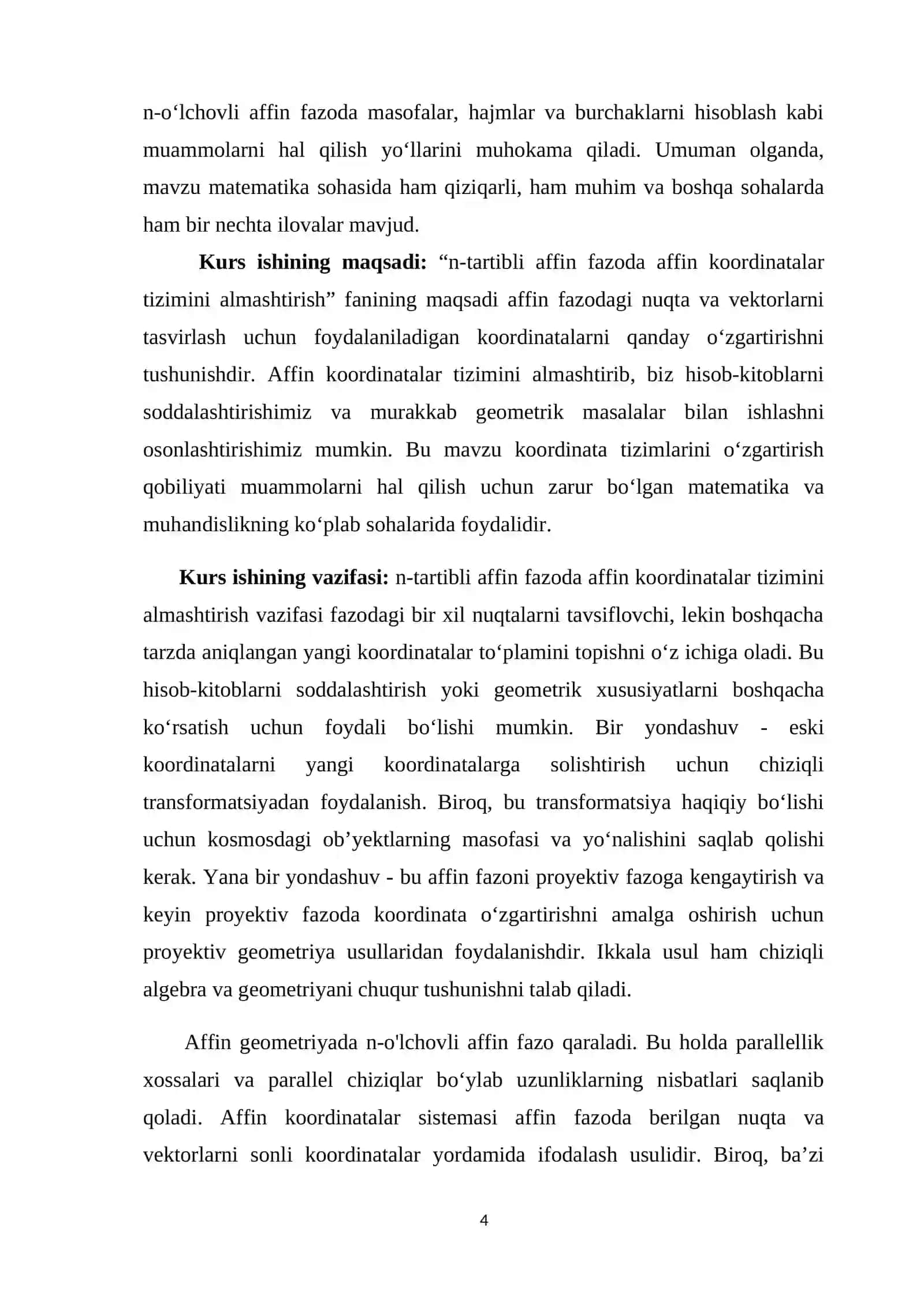 n-o‘lchovli affin fazoda affin koordinatalar sistemasini almashtirishlar 4