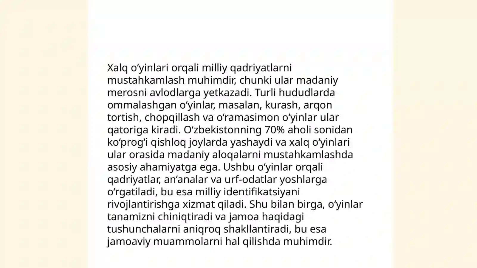 Maktabgacha taʼlim tashkiloti tarbiyalanuvchilarini milliy qadriyatlarga hurmat ruhida tarbiyalashda rivojlantiruvchi markazlarda olib boriladigan oʻyin taʼlimiy va frontal faoliyatni jarayonga tadbiq etish 4