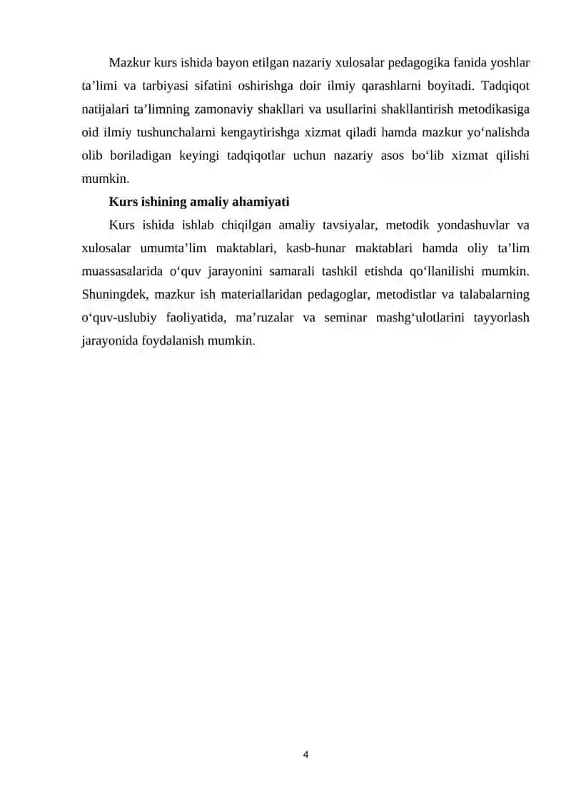 YOSHLARNING TA’LIMI VA TARBIYASI SIFATINI OSHIRISH, O’QUV JARAYONIGA TA’LIMNING ZAMONAVIY SHAKLLARI VA USULLARINI SHAKILLANTIRISH METODIKASI 4