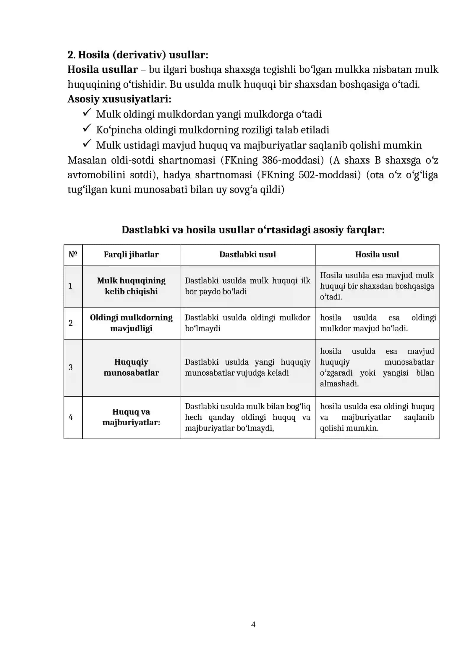 Mulk huquq shaklar, elementlari, mulk huquqi vujudga kelish va bekor bo'lish asoslari 4