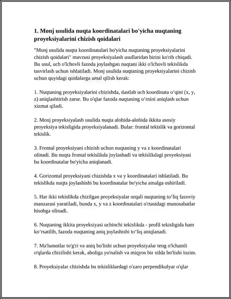 PROYEKSIYALASH USULLARI MONJ USULI NUQTA KOORDINATALAR BUYICHA NUQTANING PROYEKSIYALARINI CHIZISH TUĞRI CHIZIQ TUĞRI CHIZIQ KESMANING HAQIQIY UZUNLIGI VA PROYEKSIYA TEKISLIKLARIGA NISBATAN OʻĞISH BURCHAKLARI ANIQLASH IKKI TUĞRI CHIZIQNING OʻZARO VAZIYATLARI 4