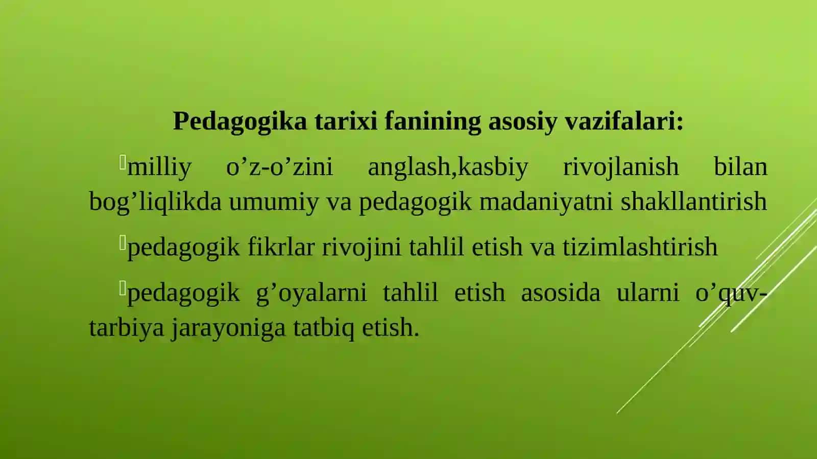Pedagogika tarixi-fan sifatida. Ibtidoiy jamoa tarbiya. Eng qadimgi davrdan VII asrgacha ta’lim-tarbiya va pedagogik fikrlar. VII asrdan XIV asrning birinchi yarmigacha O’rta Osiyo tarbiya, maktab va pedagogik fikrlar 4