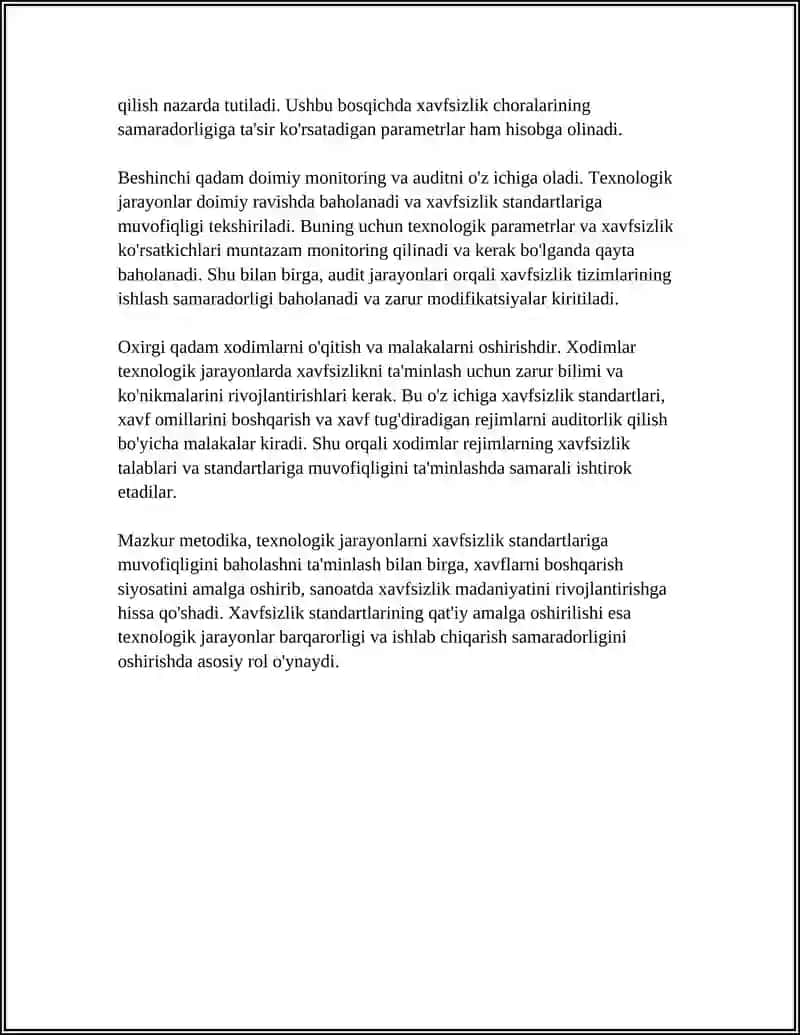 TEXNOLOGIK JARAYONLARDAGI REJIMLARI XAVFSIZLIK TALABLARIGA JAVOB BERISHLIGINI TAHLIL QILISH 4