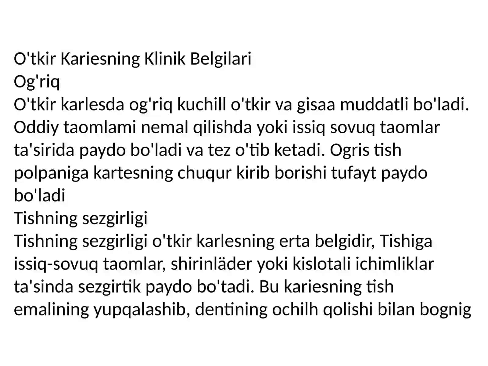 O‘rta karies. O‘tkir va surunkali shakllarni klinikasi va qiyosiy tashxisi 4