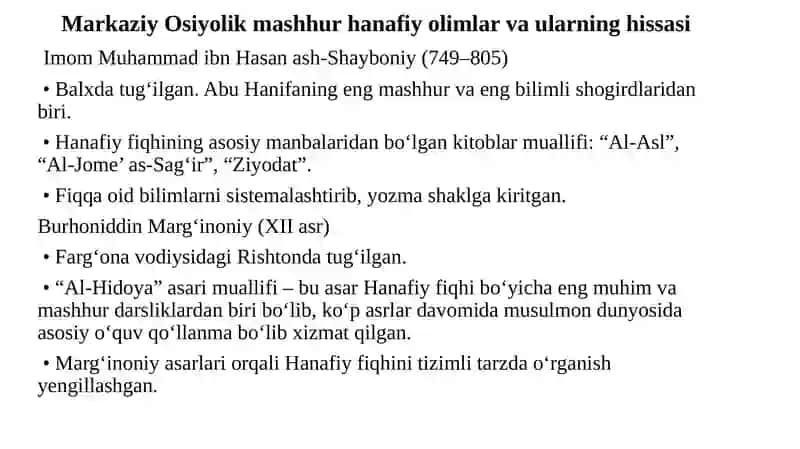 Hanafiy mazhabi rivojida Markaziy Osiyo faqihlarining roli va hissasi 4